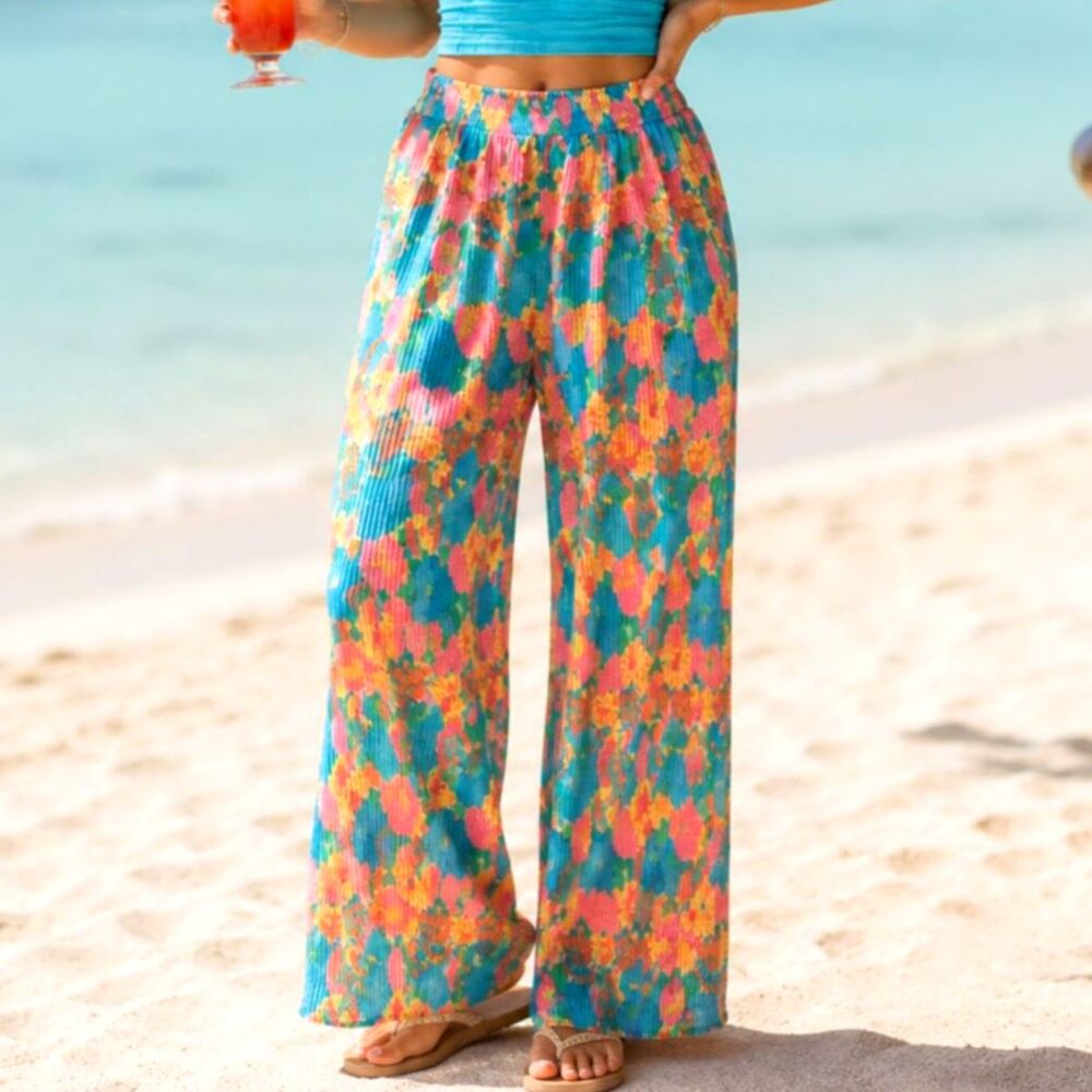 Plisse Wide Leg Pant S Turquoise Floral Pleat High Waist Retro 70s Lounge Beach